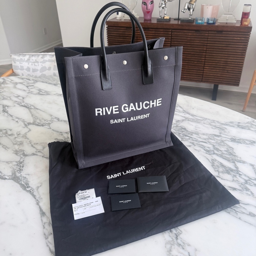 Saint Laurent Rive Gauche Tote Bag Dark Gray Canvas Black Leather 619757